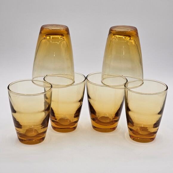 Libbey Amber Glass Tumblers Set Of 6 Vintage Golden Wave MCM Barware - Picture 5 of 7